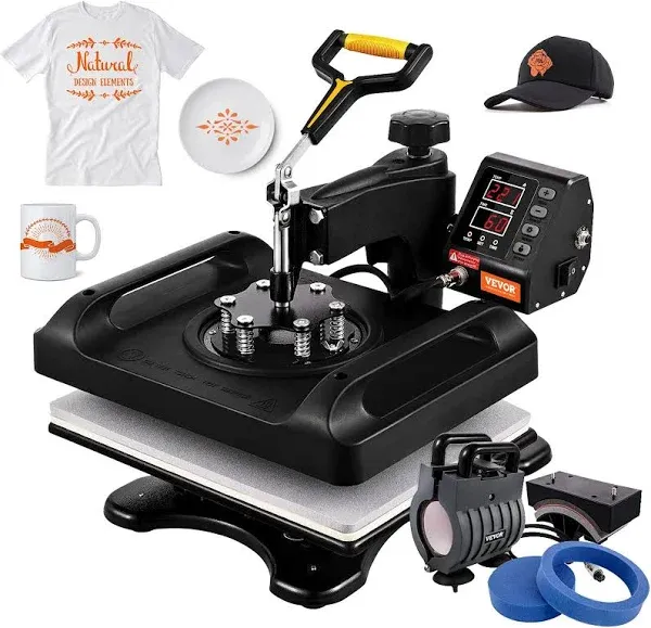 VEVOR Pro Heat Press Machine, 12 x 15 Inches, Fast Heating, 5 in 1 Combo 360 Swing Away Digital Sublimation T-Shirt Vinyl Transfer Printer with Anti-Scald Surface, Hat, Mug, Plate, ETL Listed, Black  | VEVOR US