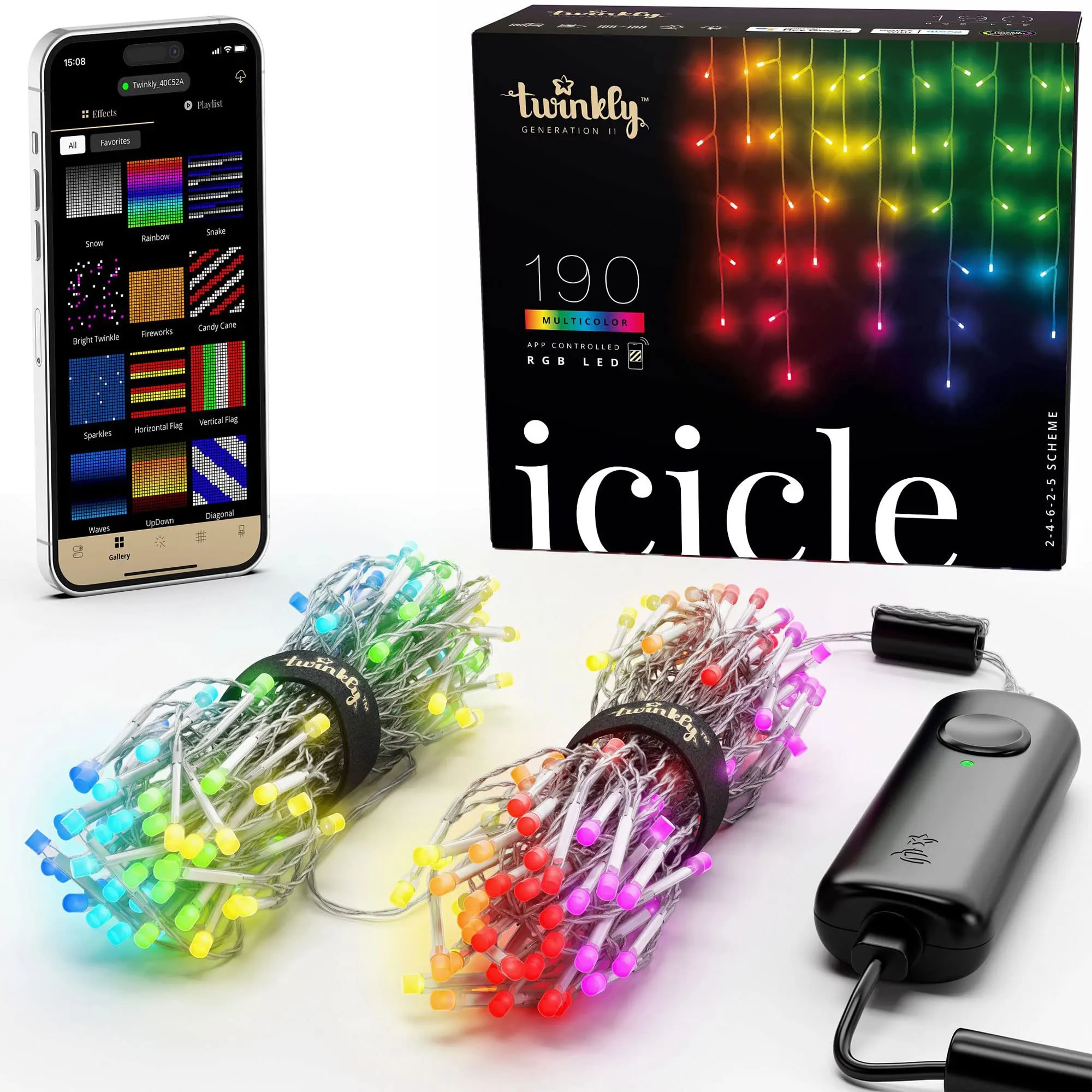 Twinkly Icicle App-Controlled Smart 190 Multicolor RGB LED Christmas Lights