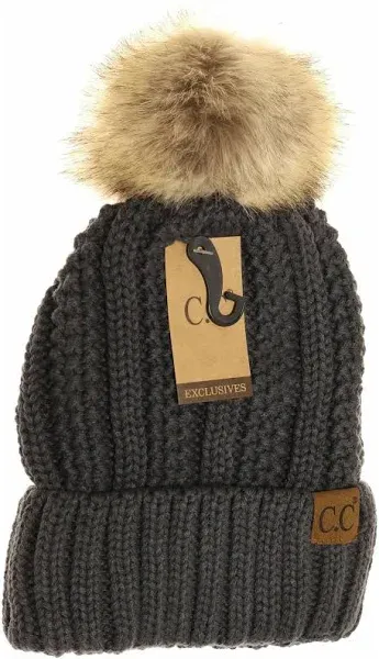 Adult C.C Thick Cable Knit Faux Fuzzy Fur Pom Fleece Lined Skull Cap Cuff Beanie