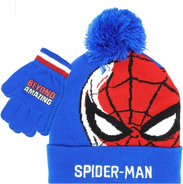 Marvel Spider-Man Kid’s Winter Hat and Snow Gloves for Boys and Toddlers, 2 Pc. Set, Pom-Pom Beanie with Warm Mittens