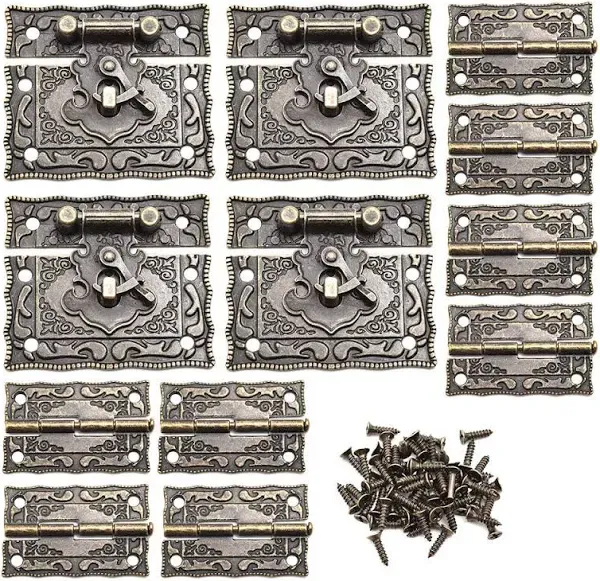 4 Sets Engraved Antique Hasp Latch Buckle Vintage Engraved Hinge Matching Screw