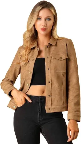 Allegra K Women's Turn-Down Collar Flap Pockets Snap Button Faux Suede Jacket