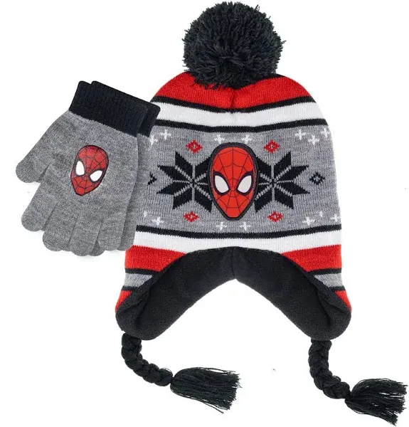 Marvel Spider-Man Kid’s Winter Hat and Snow Gloves for Boys and Toddlers, 2 Pc. Set, Pom-Pom Beanie with Warm Mittens