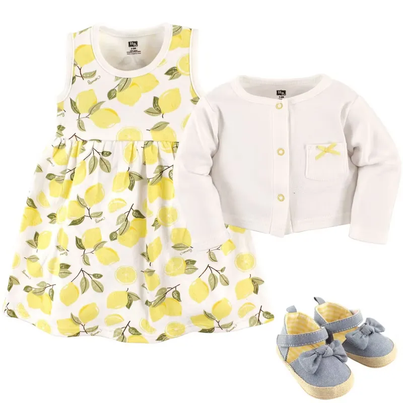 Hudson Baby Infant Girl Cotton Dress, Cardigan and Shoe 3pc Set, Lemon