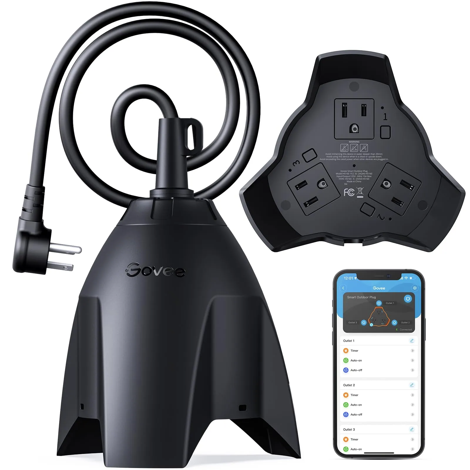 Govee Outdoor Smart Plug, 3-in-1 Compact Outdoor WiFi Bluetooth Plug, Conical Waterproof Design, 15A Outlet with Timer, Compatible with Alexa and Google Assistant, No Hub Required, 3ft Extension Cord