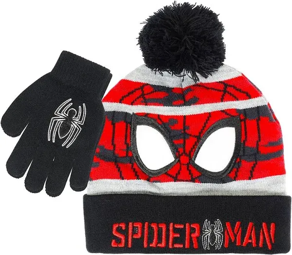 Marvel Spider-Man Kid’s Winter Hat and Snow Gloves for Boys and Toddlers, 2 Pc. Set, Pom-Pom Beanie with Warm Mittens