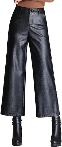 Haomay Women's High Waist Wide Leg Cropped PU Faux Leather Pants