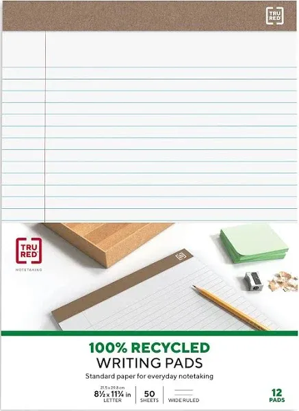 Tru Red Notepads 8.5" x 11.75" Wide Ruled White 50 Sheets/Pad Dozen Pads