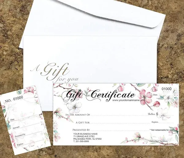 Custom Gift Certificates for Business - Add Your Store Name and Address, Comes with Free Matching Envelopes and Sequential Numbering Printing (Floris)