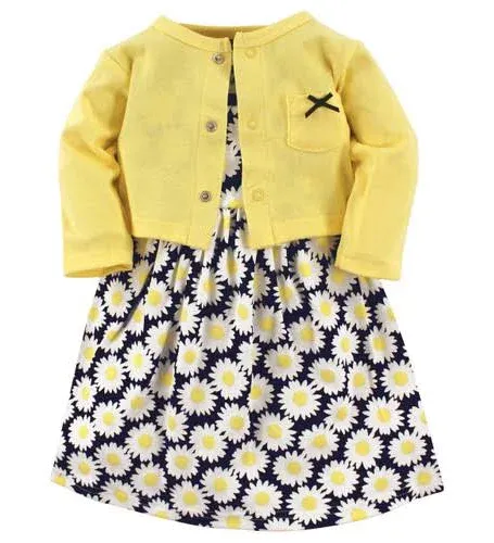 Hudson Baby Infant and Toddler Girl Cotton Dress and Cardigan 2pc Set, Lemon, 3-6 Months