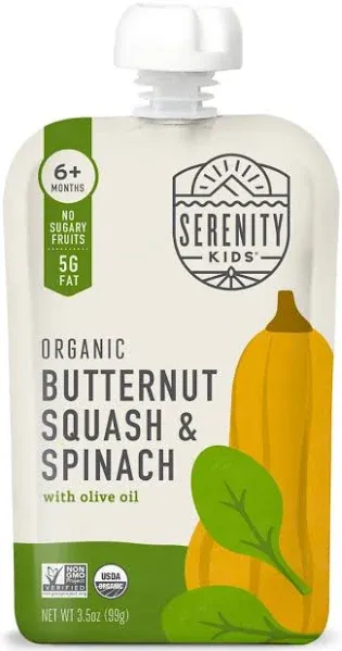 Serenity Kids 6+ Months Veggie Puree Baby Food Pouches - USDA Organic - No Sugary Fruits/Added Sugar - 3.5 Oz BPA & Allergen Free Pouch - Butternut Squash & Spinach, 6 Count Butternut Squash Baby Food