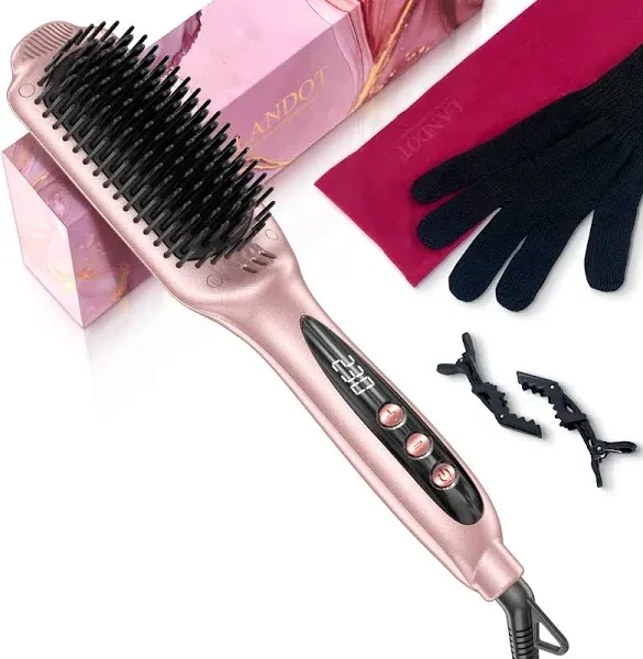 LANDOT Hair Straightening Brush Straightener Negative Ion Ceramic Heated Hot Brush for Smooth Frizz-free Hair