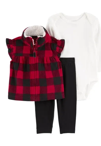 Baby 3-Piece Buffalo Check Fleece Little Vest Set