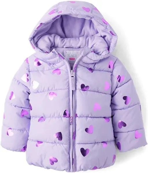 Toddler Girls Foil Heart Quilted Puffer Jacket - Purple