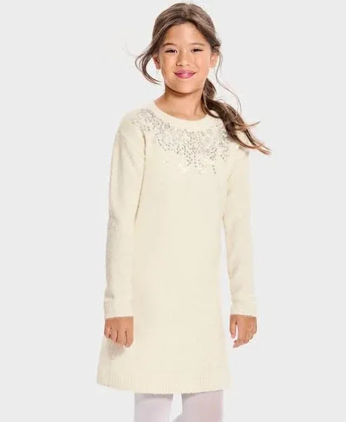 Girls Sequin Sweater Dress - White