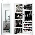 Costway Wall Mount Mirrored Jewelry Cabinet Organizer LED Lights - White