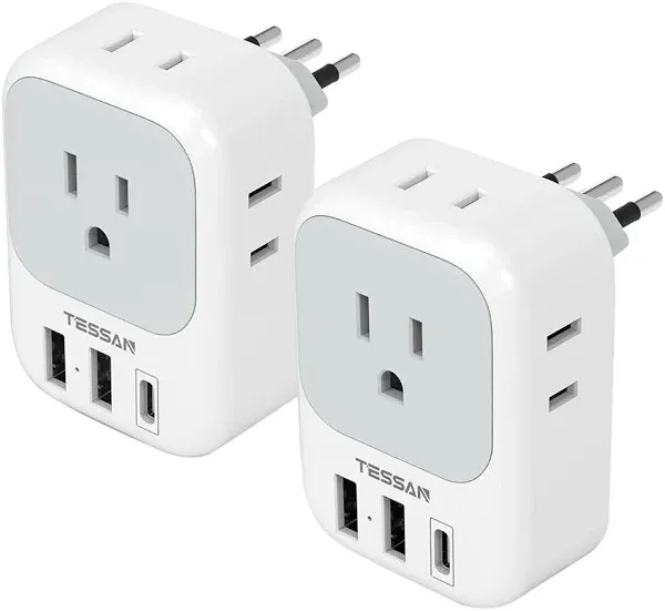 US to India Plug Adapter 2 Pack, TESSAN Type D Power Adapter with 4 AC Outlets 3 USB Charging Ports, Travel Adaptor for US to India Bangladesh Maldives Nepal Pakistan