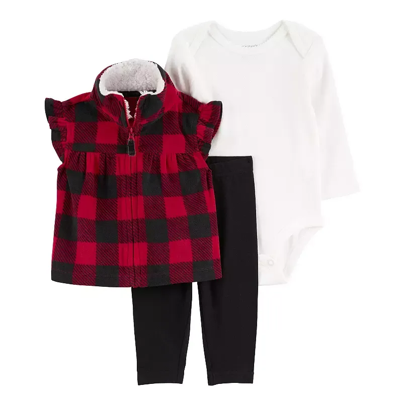 Baby Girl Carter's 3-Piece Buffalo Check Fleece Little Vest Set