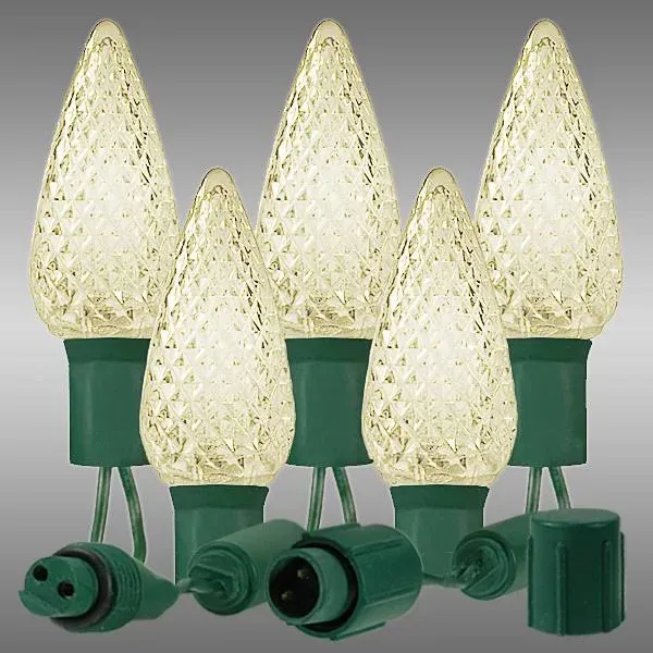 C9 LED Faceted Warm White Prelamped Light Set, Green Wire - 25 C9 Warm White LED Christmas Lights, 8" Spacing