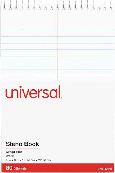 Universal® Steno Pads, Gregg Rule, Red Cover, 80 White 6 x 9 Sheets, 6/Pack (UNV96920PK)