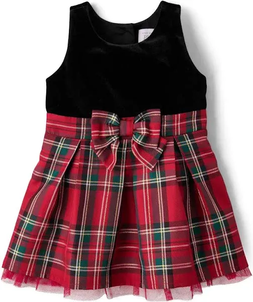 The Children's Place Baby Girls' Plaid Velour Fit and Flare Dress