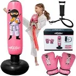 Punching Bag for Kids - 5' 3" Tall and Stable - Ninja Kids Inflatable Punching Bag Combo Kit with Kids Boxing Gloves, A Pump and Repair Kit. Boxing