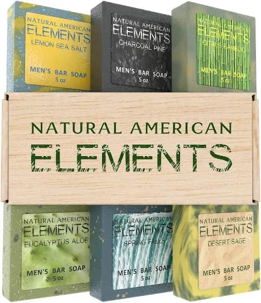 NATURAL AMERICAN Mens Organic Bar Soap, Masculine Scents, 100% Natural Soap for Men - Essential Oils, Organic Shea Butter Natural Body Soap, Natural Bar Soap for Men - ELEMENTS Body Soap 5 oz (6pk)