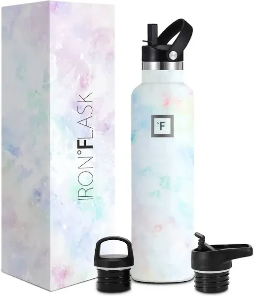 IRON °FLASK Camping & Hiking Hydration Canteens - 3 Lids (Narrow Straw Lid) Leak Proof Vacuum Insulated Stainless Steel - Hot & Cold Double Walled Sports Water Bottle - Pearl, 24 Oz