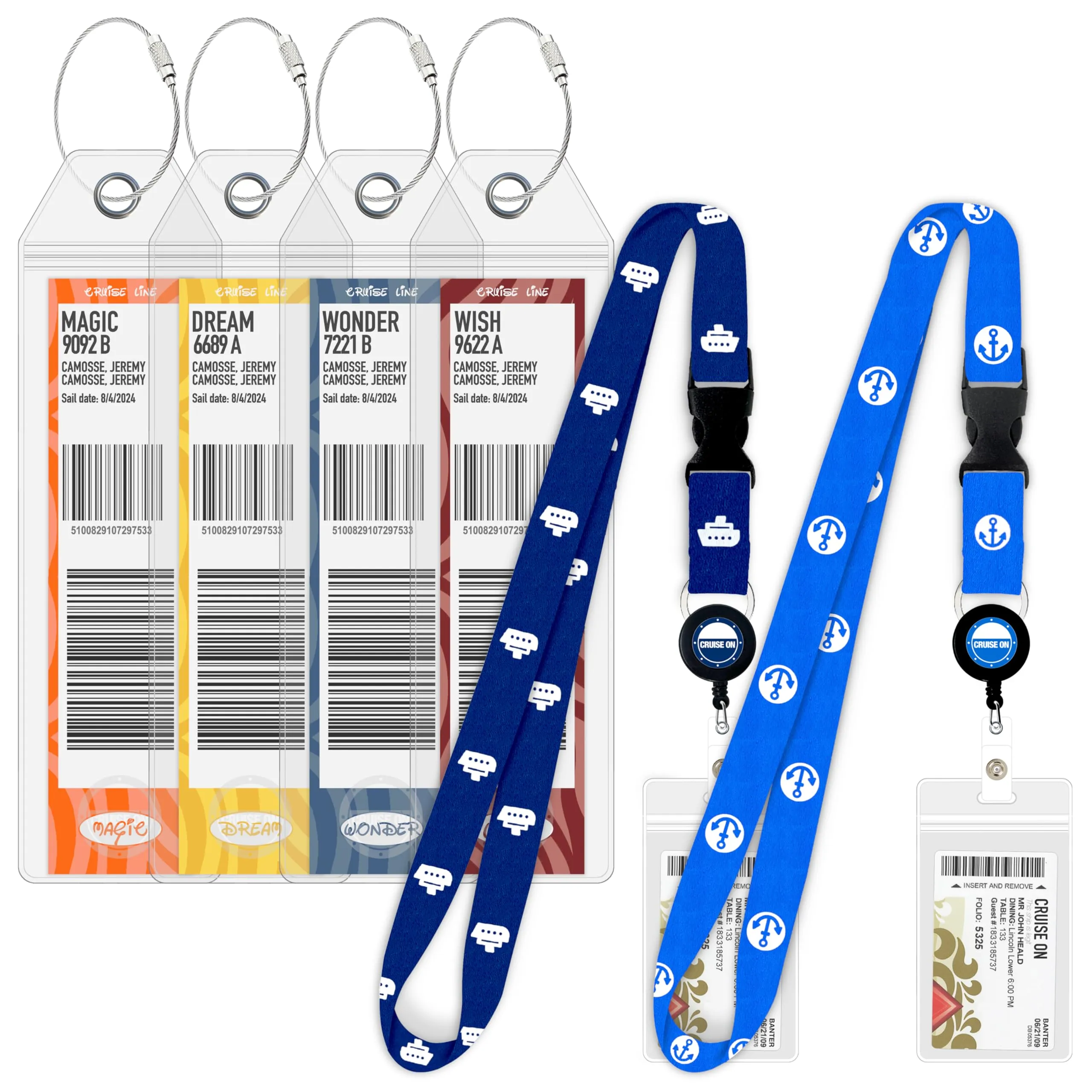 Disney Cruise Lines Luggage Tag Holders [4 Pack] & Cruise Lanyard Set [2 Pack] - Royal & Navy Blue