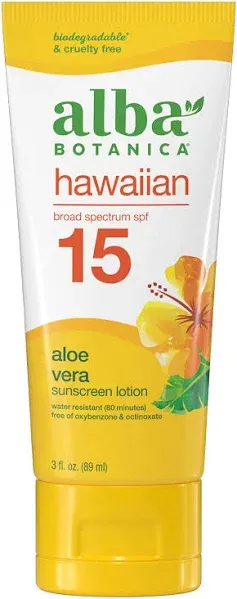 Alba Botanica Sunscreen for Face and Body, Hawaiian Aloe Vera Sunscreen Lotion, Broad Spectrum SPF 15 Sunscreen, Water Resistant and Biodegradable, 3 fl. oz. Bottle