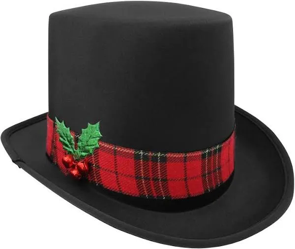 ALLCH Christmas Caroler Costume Top Hat Ugly Sweater Party Hats with Snowman Plaid Band Holly Berries Festive Party Accessory