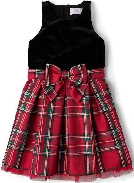 The Children's Place Girls' Plaid Velour Fit and Flare Dress