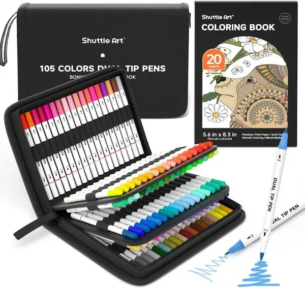 Shuttle Art Dual Tip Brush Pens Art Markers, 105 Colors Fine and Brush