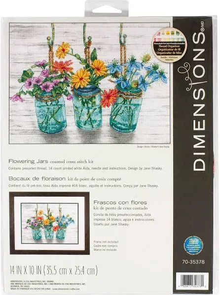 Dimensions 70-35378 Mason Jar Flowers Counted Cross Stitch Kit, 14 Cnt. White Aida Cloth, 14 x 10