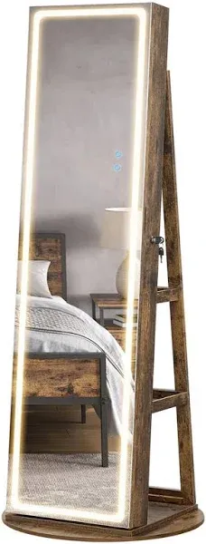 LED Mirror Jewelry Cabinet, Rustic Brown