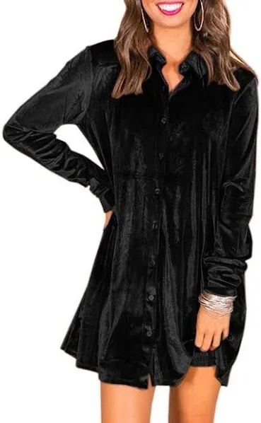 Caitefaso Velvet Button Down Swing Mini Dress with Long Sleeves