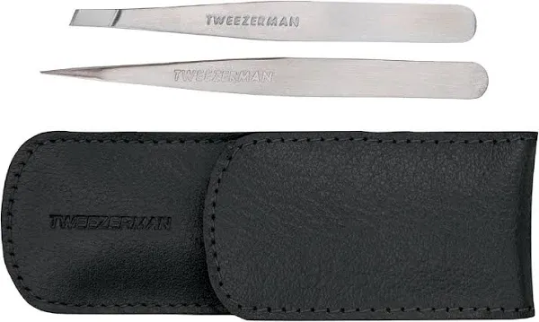 Tweezerman Petite Tweezer Set. Slant &amp; Point Tip Tweezers + Pink Leather Case