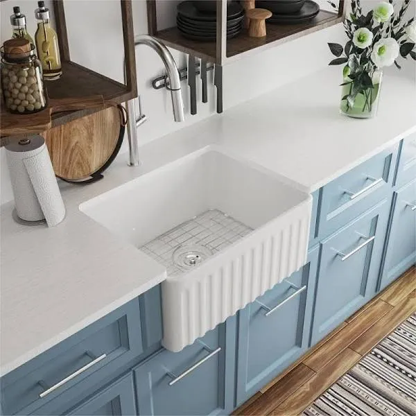 DeerValley Farmhouse Single Kitchen Sink, DV-1K022 Perch 24" L x 18" W White Reversible Single Bowl Farm Sink with Apron Front Ceramic Kitchen Sinks