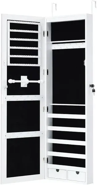 Costway Jewelry Cabinet Organizer 47&#034; x 14.5&#034; x 3.8&#034; Wood White Finish w/ Mirror