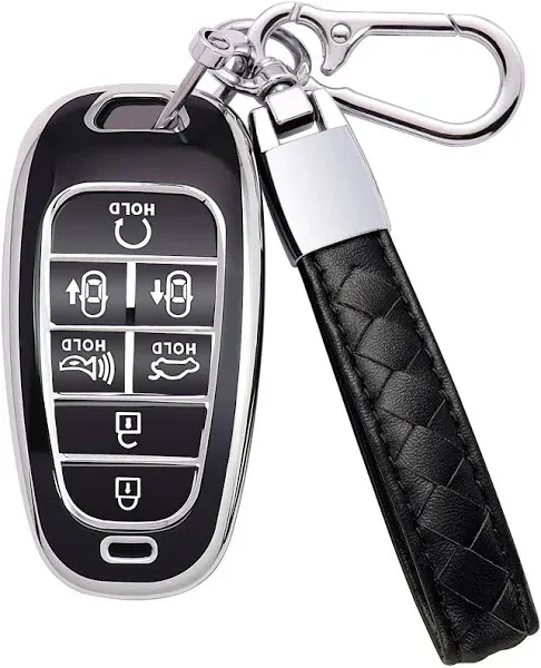 for Hyundai Key Fob Cover 7 Button with Leather Keychain Soft TPU 360 Degree Protection Car Key Case Shell Holder Fits for 2023 2022 2021 2020 Hyundai Sonata Santa fe Tucson, Black