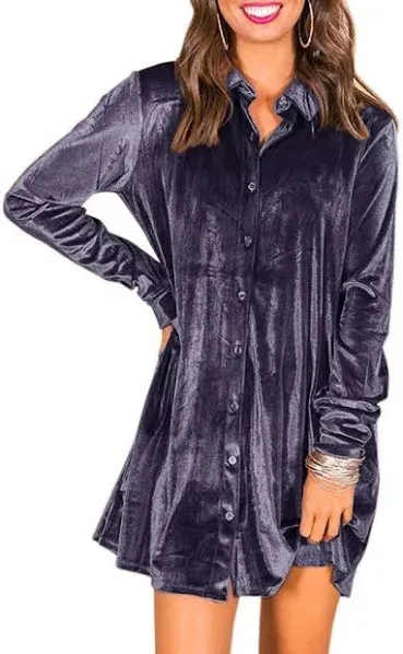 Caitefaso Womens Velvet Button Down T Shirts Swing Mini Dress Casual Long Sleeves Lapel Tunic Tops