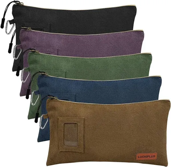 5 Pack Canvas Tool Pouches Small Tool Bags with Zipper & Carabiner Clip Heavy Duty Zippered Pouch Organizer Multipurpose Mini Utility Tool Pouch Setwear Tool Organization