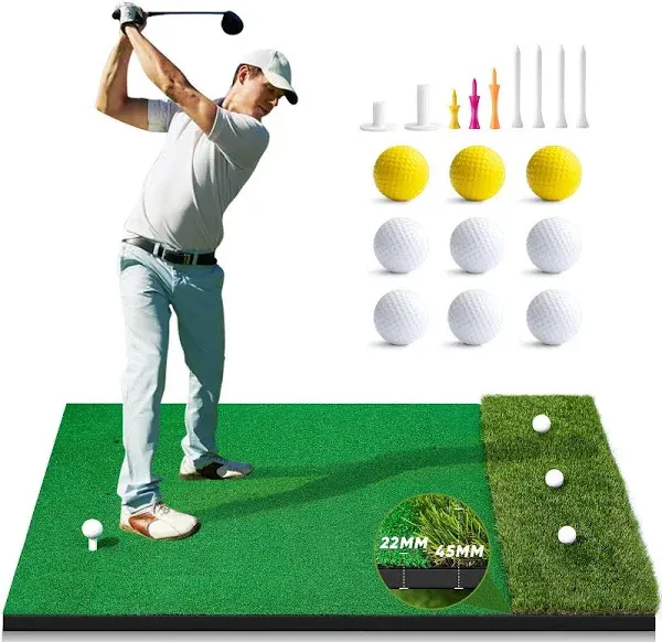 Dual Turf Golf Mat Practice Outdoor Indoor, 5 x 4 ft Golf Hitting Mat with Golf Alignment Lines, 9 Golf Tees and Balls Accessories for Golf Training Aid, Golf Practice Mat for Swing Chipping Putting