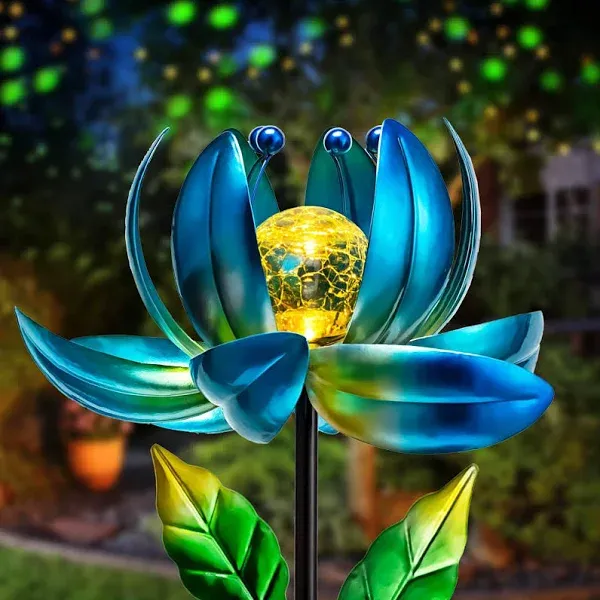 Solar Garden Lights Metal Flower Decor, Colorful Spinning Windmill Lotus Pathway Ligths with LED Cracked Crystal Ball Outdoor Decorative Stake Lighting Waterproof Flower Sculpture for Patio Yard