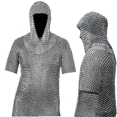 Medieval Chain Mail Shirt and Coif Armor Set (Full Size) Long Shirt Medium