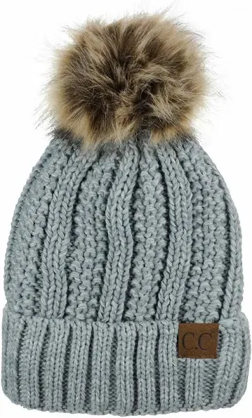 Adult C.C Thick Cable Knit Faux Fuzzy Fur Pom Fleece Lined Skull Cap Cuff Beanie