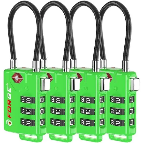 TSA Approved Cable Luggage Locks, Re-settable Combination with Alloy Body (Green 4 Locks)