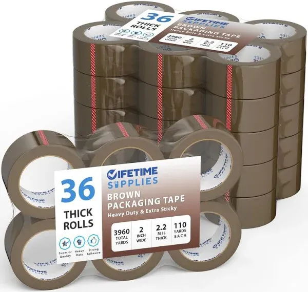 Lifetime Supplies 36 Rolls [Upgraded] 2" Brown Premium Packing Tape, 110 Yards, 2.2 mil, Heavy Duty Packaging Tape for Shipping, Moving, Sealing -