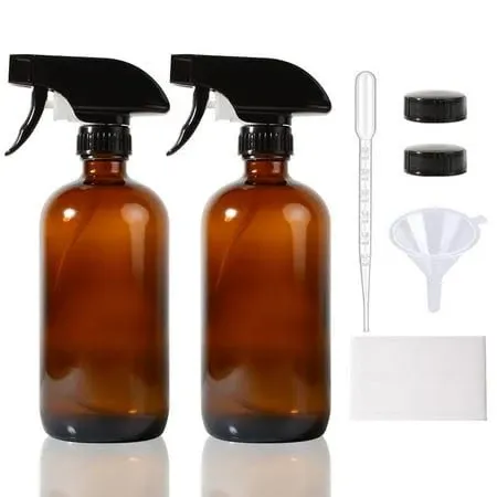 Amber Glass Spray Bottles,16oz Large Refillable Spray Bottle for Cleaning, Essential Oils, Plant and Hair Care,Nozzle with Fine Mist and Stream Setting(2 Pack)