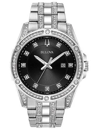 Bulova Men's 96K105 Crystal Black Dial Bracelet Watch Gift Set